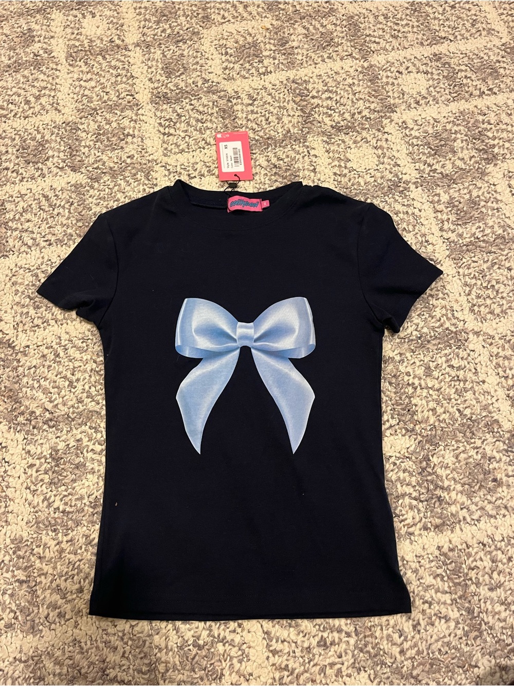 Edikted Black Short-Sleeve Tee with Light Blue Bow Graphic